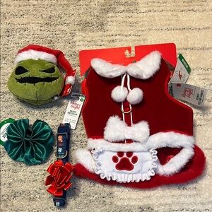 Medium holiday dog harness and collar with squeaker toy and bow Bundle